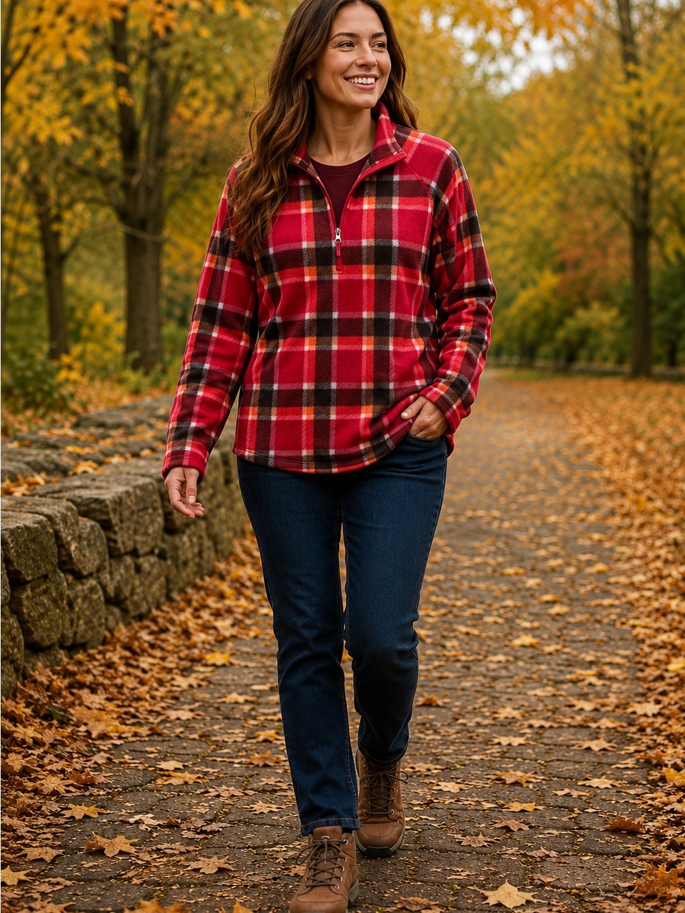 Eddie Bauer Women’s XL Red Plaid Fleece Quarter-Zip Pullover